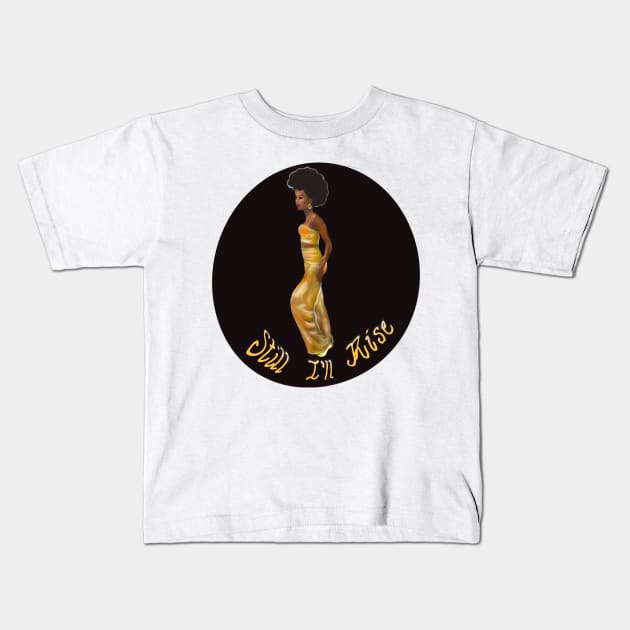 Still I’ll rise -dark background - black girl with Afro hair, shimmering gold dress and dark brown skin side profile. Kids T-Shirt by Artonmytee